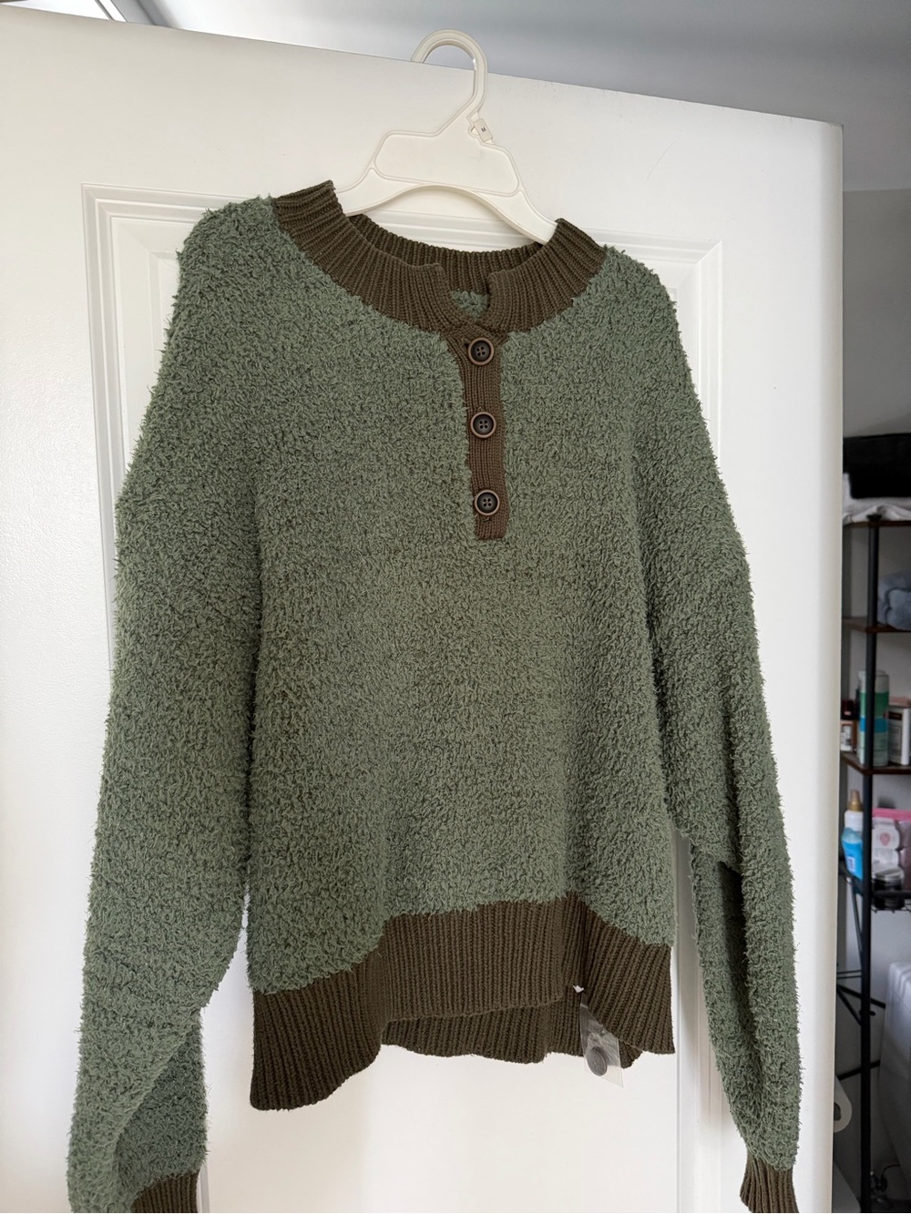 La Hearts Olive Green Fuzzy Button-Henley Sweater with Brown Trim